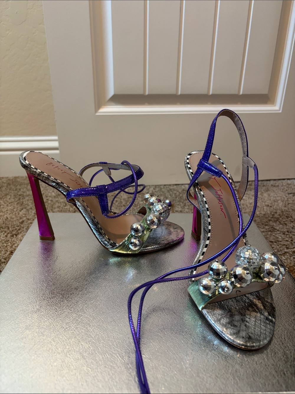 Betsey Johnson Purple Metallic Beaded Lace-Up Sandals